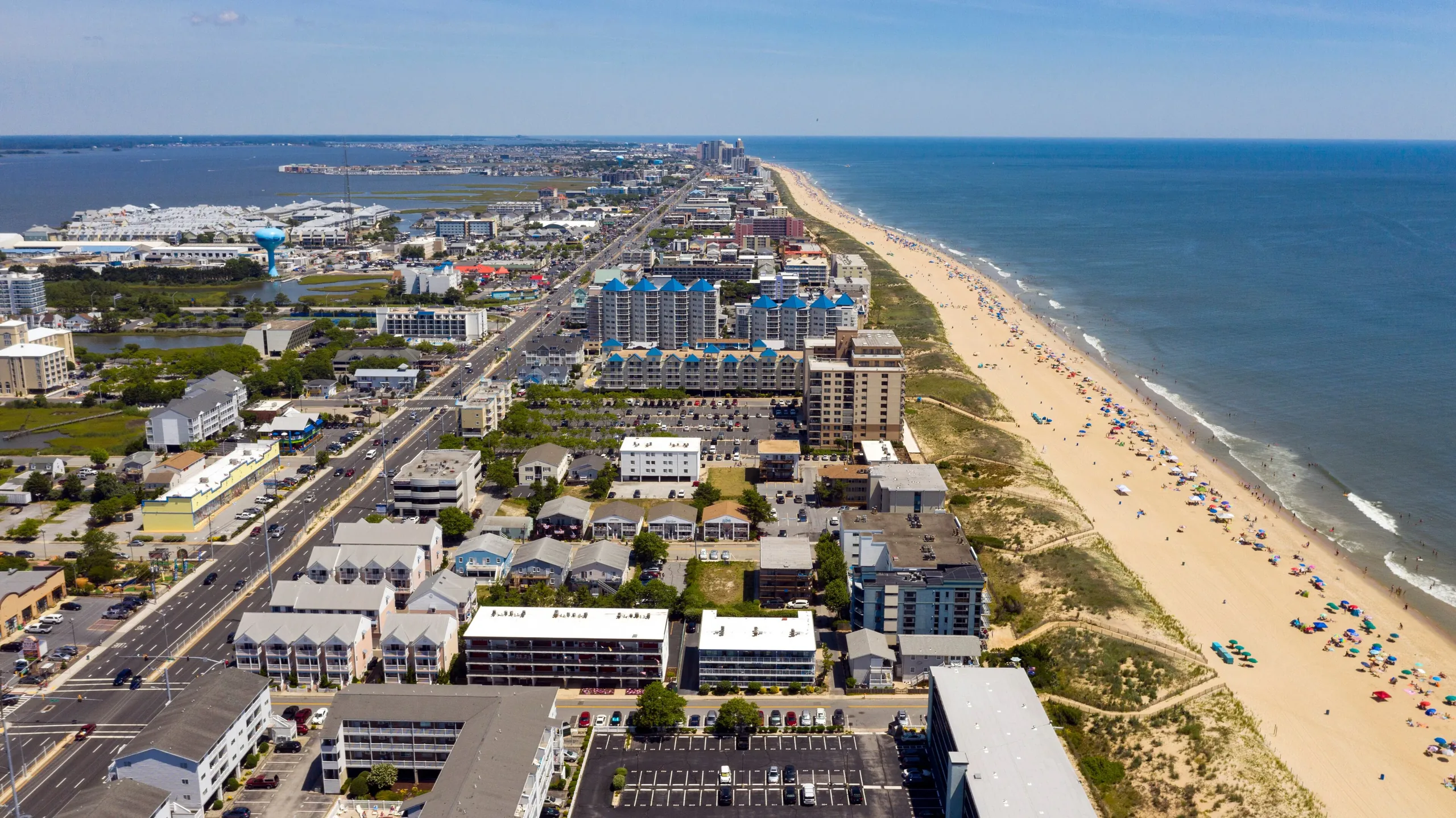 Aerial view of Midtown Ocean City, Maryland — beach, town, and bay