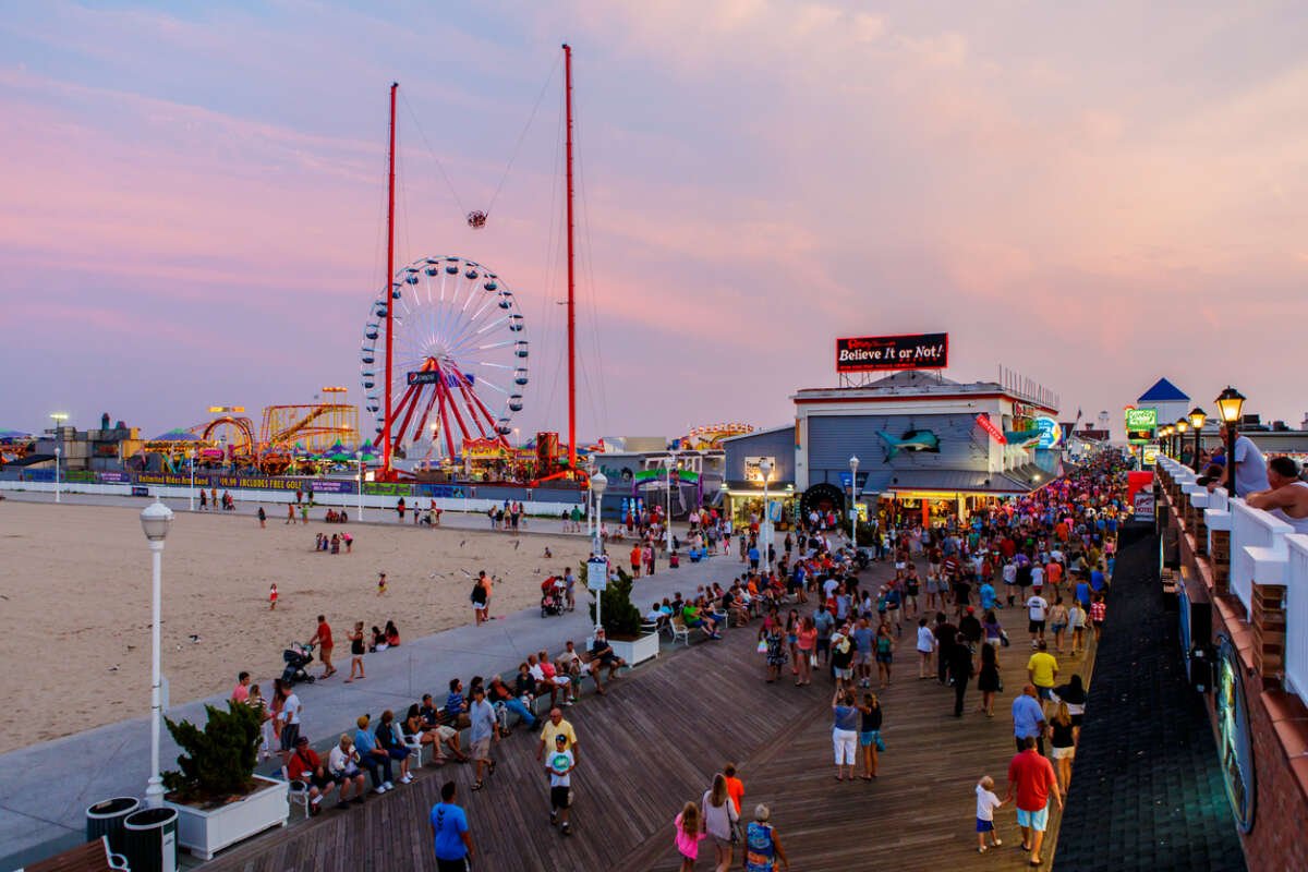 Ocean City boardwalk at sunset with the Ferris wheel