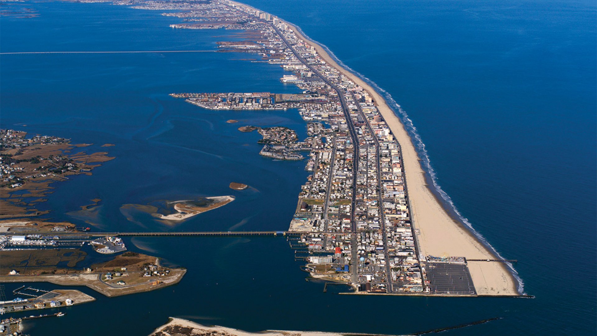 Aerial view of the Ocean City barrier island and beach